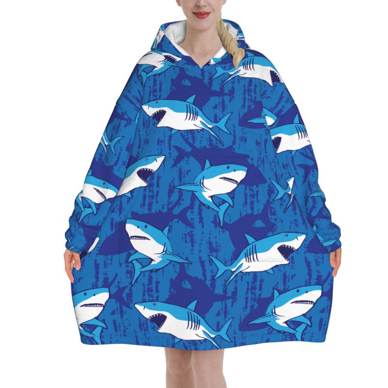 Sherpa Hoodie Fleece - Couverture à capuche portable, imprimé requin